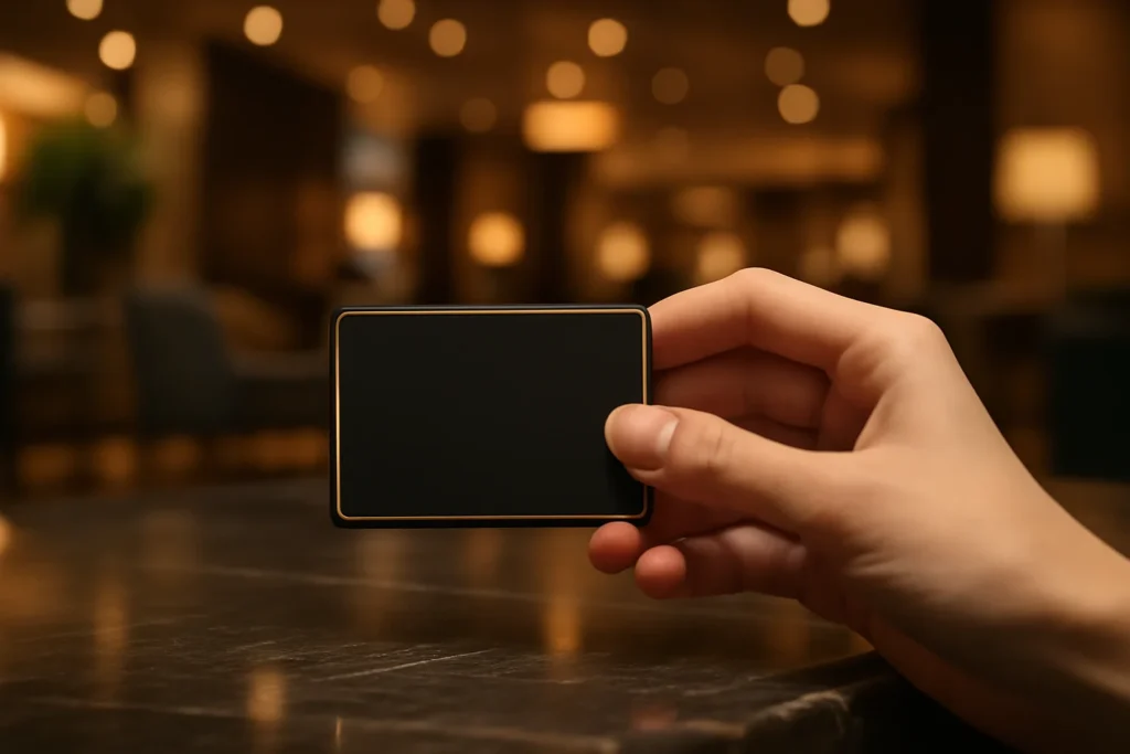 Imagem fotorrealista de cartão black premium com borda dourada em mão elegante sobre mesa de mármore em lounge de luxo