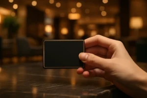 Imagem fotorrealista de cartão black premium com borda dourada em mão elegante sobre mesa de mármore em lounge de luxo