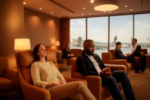 Sala VIP de aeroporto com cadeiras confortáveis, pessoas relaxando e vista de aviões ao fundo, destacando cartões black descobra privilégios.