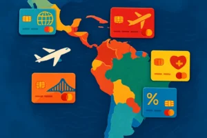 Ilustração de um mapa da América Latina com cartões de crédito destacando benefícios e símbolos culturais