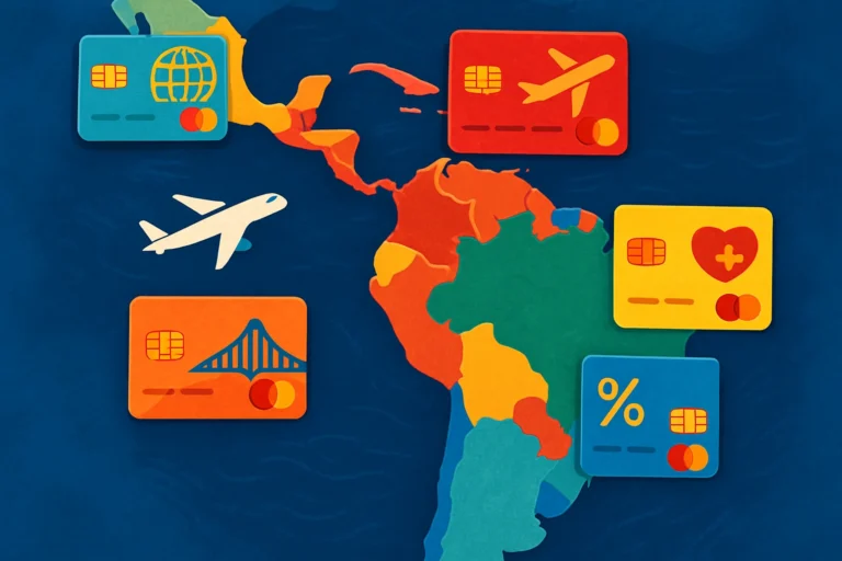 Ilustração de um mapa da América Latina com cartões de crédito destacando benefícios e símbolos culturais