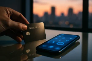 Mesa moderna com cartão de crédito premium, smartphone com interface financeira e skyline latino-americano ao entardecer, destacando cartões crédito alto limite.