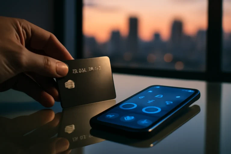 Mesa moderna com cartão de crédito premium, smartphone com interface financeira e skyline latino-americano ao entardecer, destacando cartões crédito alto limite.