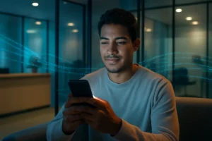 Pessoa jovem em um banco fintech segurando smartphone, com linhas de dados holográficas azuladas ao fundo