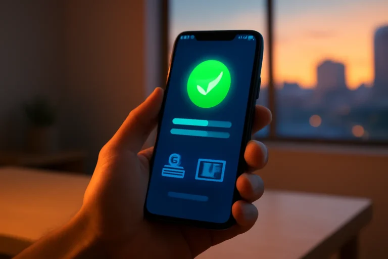 Mão segurando smartphone exibindo apps empréstimo online liberação, cenário urbano ao entardecer
