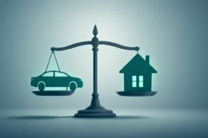 Balança de precisão equilibrando um carro e uma casa, simbolizando empréstimo garantia carro ou imóvel
