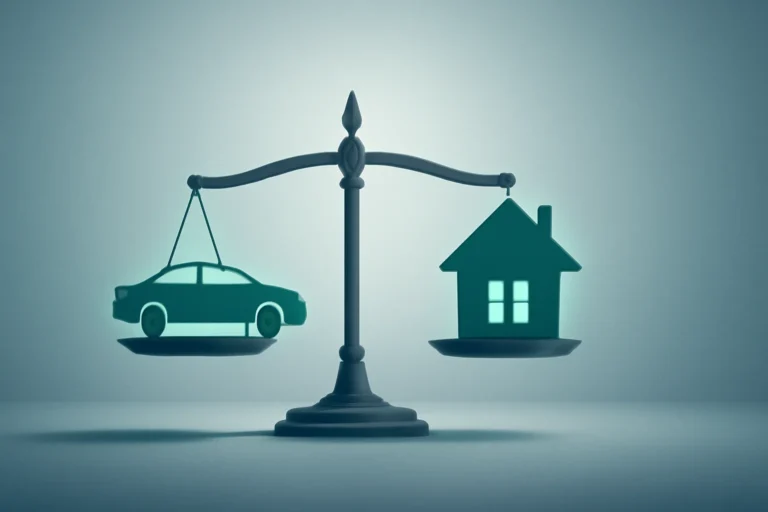 Balança de precisão equilibrando um carro e uma casa, simbolizando empréstimo garantia carro ou imóvel