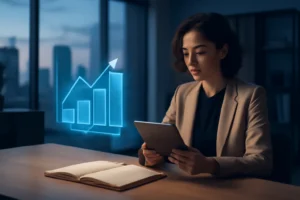 Cena de escritório com pessoa planejando financiamento imobiliário 2026, hologramas de juros e skyline urbano ao fundo