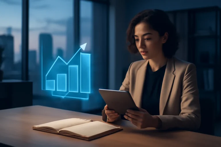 Cena de escritório com pessoa planejando financiamento imobiliário 2026, hologramas de juros e skyline urbano ao fundo