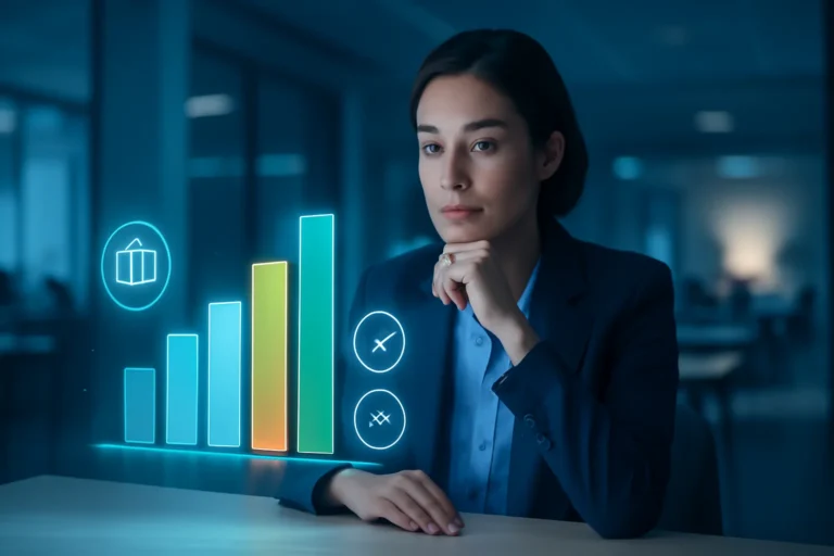 Pessoa de negócios em agência financeira moderna analisando projeção sobre como garantir financiamento com score baixo
