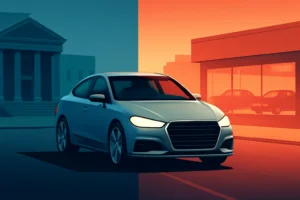 Imagem de um carro moderno em destaque entre banco clássico e concessionária, ilustrando financiamento veículos saiba escolher
