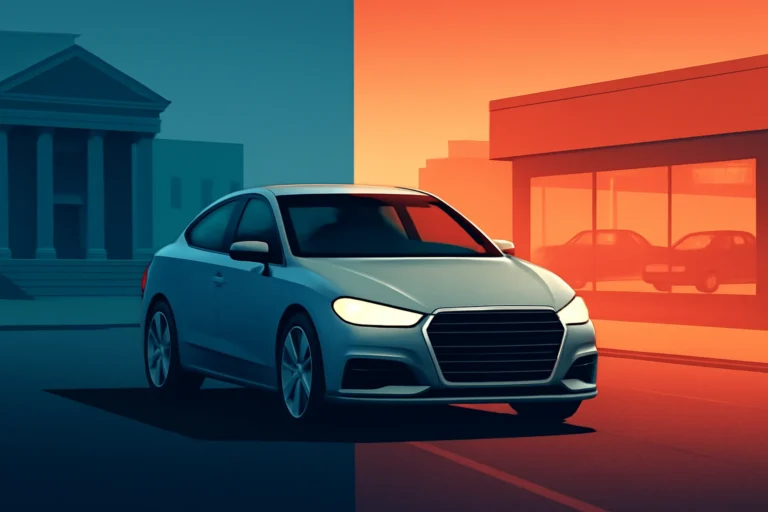 Imagem de um carro moderno em destaque entre banco clássico e concessionária, ilustrando financiamento veículos saiba escolher