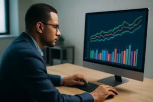 Pessoa no escritório analisando gráficos de simulação de financiamento compare taxas em monitor