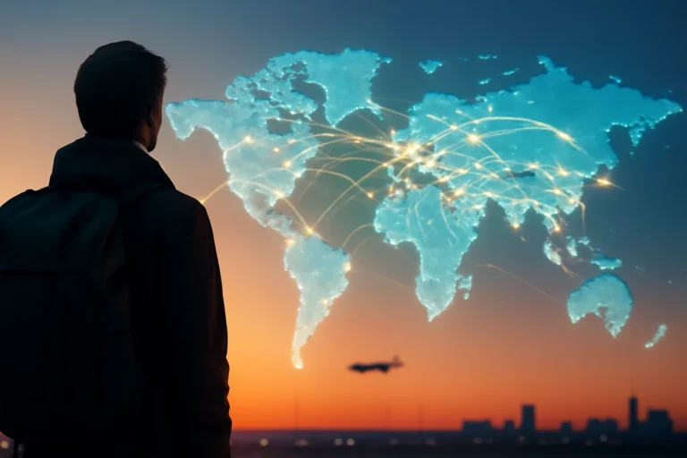 Viajante observando holograma de mapa-múndi com rotas digitais, símbolos de milhas e horizonte de aeroporto ao pôr do sol, representação do guia passo 2026 usar.