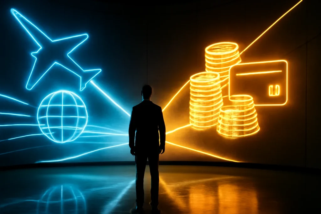 Imagem de um consumidor diante de projeções holográficas sobre milhas e cashback em 2026