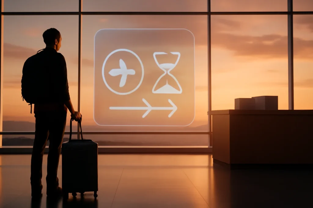 Imagem de um viajante ao pôr do sol no aeroporto, observando uma tela holográfica com ícones de milhas e expiração, reforçando como evitar perder milhas.